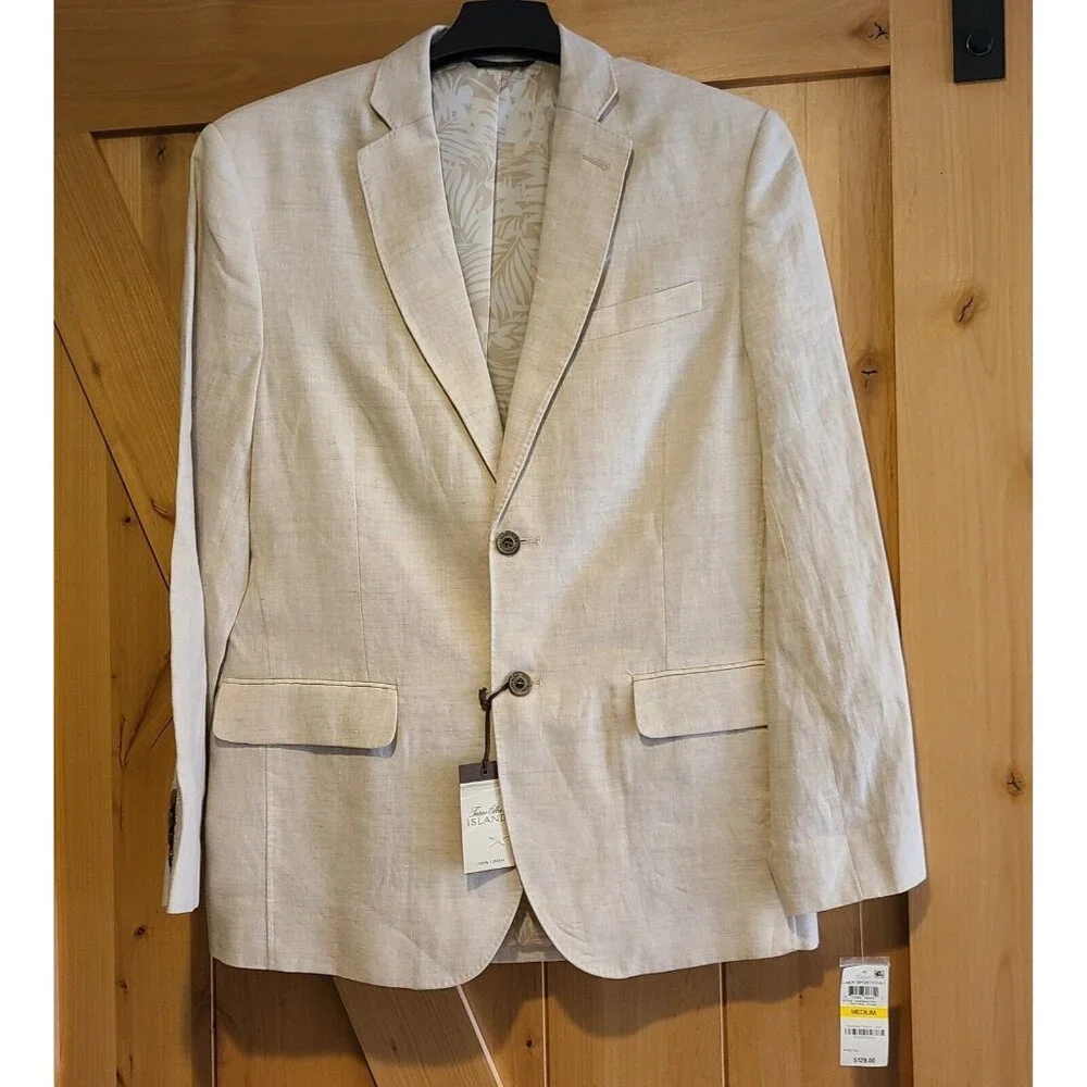 New! Tasso Elba Island Men M 39-41 Linen Two Button Blazer Jacket Beige Lined